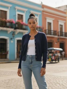 Primark Navy Button-Cuff Knit Cardigan Sweater s